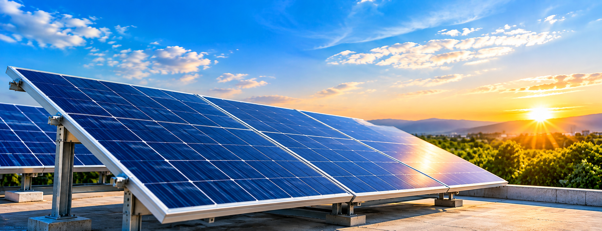 Modern home with rooftop solar panels in bright sunlight